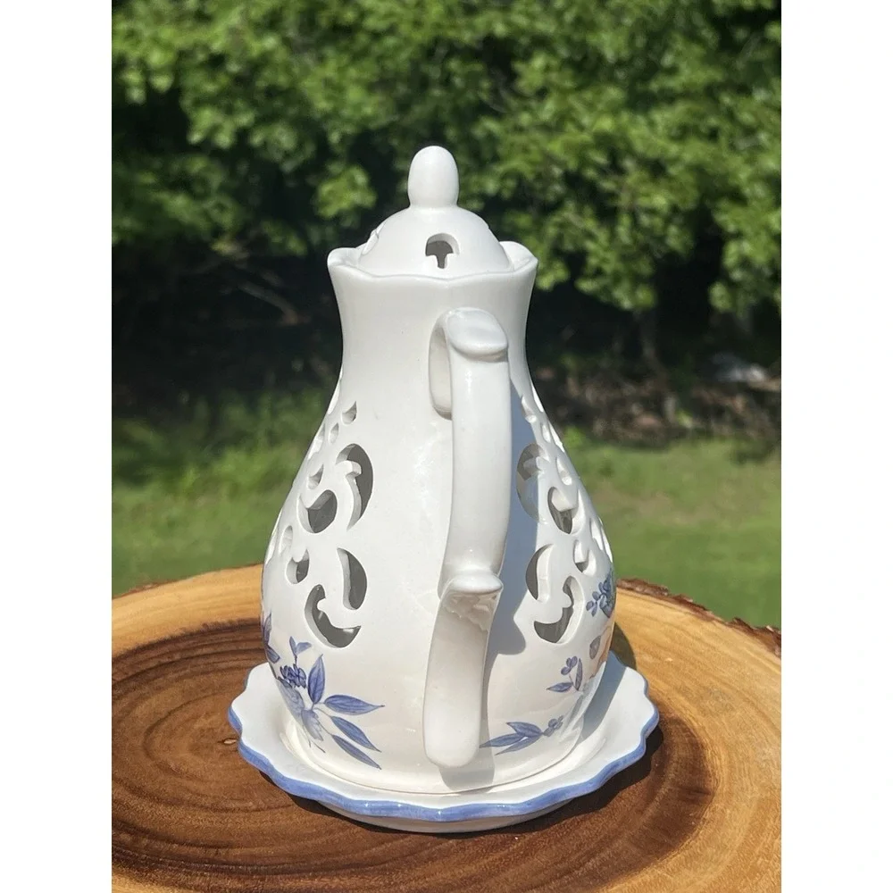 Blue White Porcelain Coffee Pot Tealight Fairy Light Lantern Pierced Floral